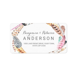 Watercolor Feathers Rustic Bohemian Wedding Label