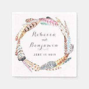 Watercolor Feathers Rustic Bohemian Wedding Napkin
