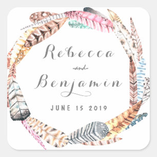 Watercolor Feathers Rustic Bohemian Wedding Square Sticker