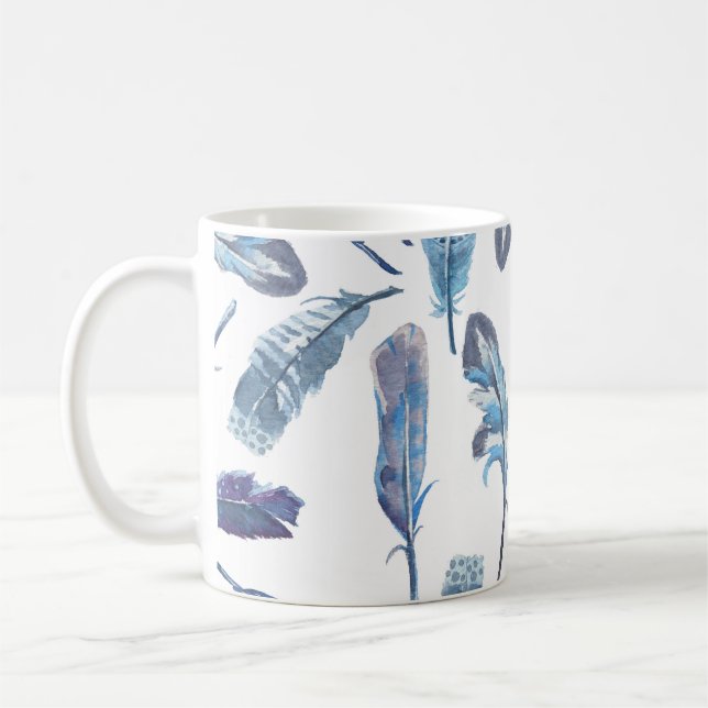Watercolor feathers: seamless airy pattern. coffee mug (Left)