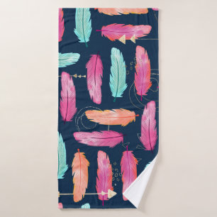 Watercolor feathers seamless boho pattern with fea bath towel