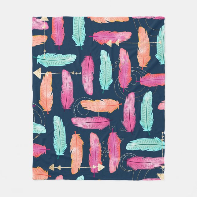 Watercolor feathers seamless boho pattern with fea fleece blanket (Front)