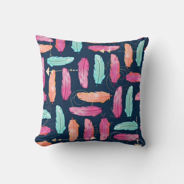 Watercolor feathers seamless boho pattern with fea throw pillow (Front)