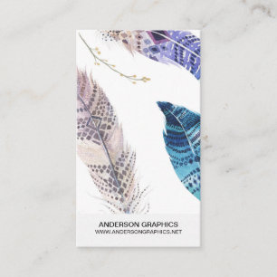 Watercolor Feathers Vertical Business Card