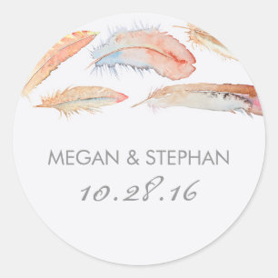 Watercolor Feathers Wedding Classic Round Sticker