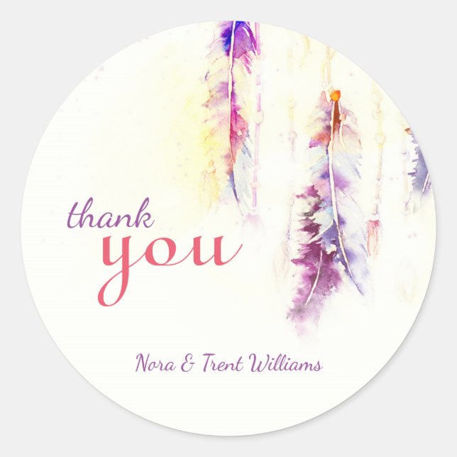 Watercolor Feathers Wedding Thank You Classic Round Sticker (Front)