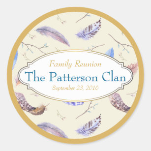 Watercolor Feathers with a Fancy Frame Reunion Classic Round Sticker