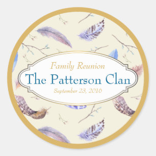 Watercolor Feathers with a Fancy Frame Reunion Classic Round Sticker