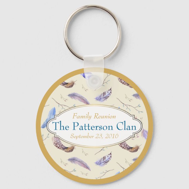 Watercolor Feathers with a Fancy Frame Reunion Keychain (Front)