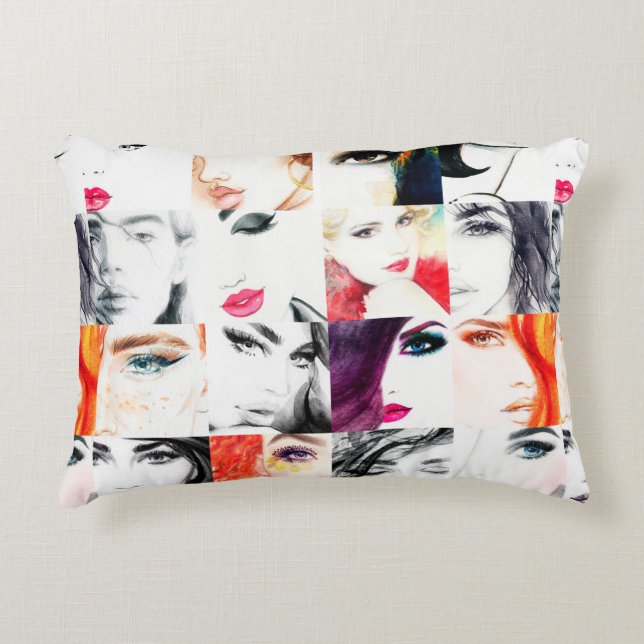 Watercolor female portrait pattern accent pillow (Front)