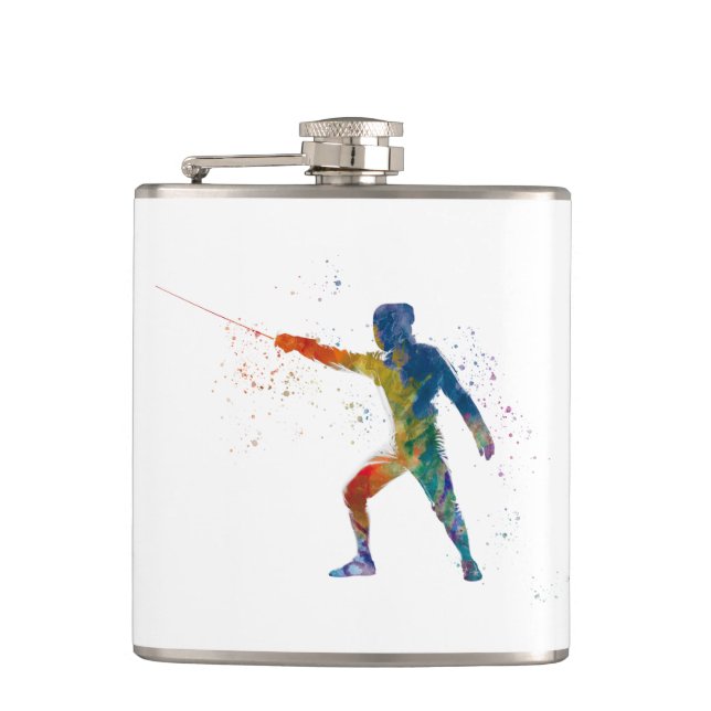 watercolor fencing hip flask (Front)