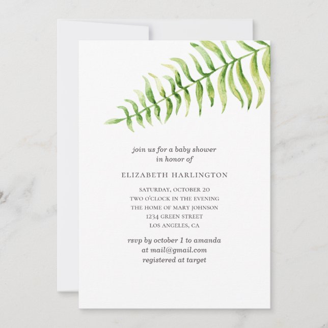 Watercolor fern. Greenery botanical baby shower Invitation (Front)