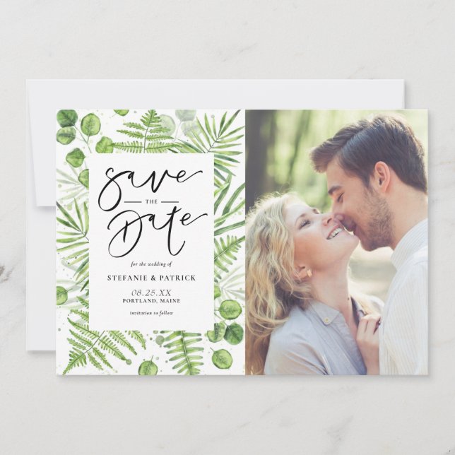 Watercolor Ferns and Eucalyptus Frame Photo Save The Date (Front)