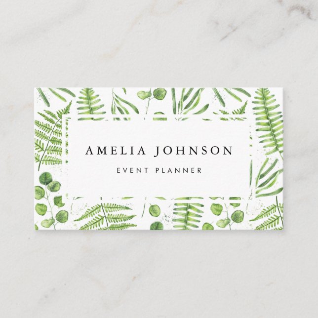Watercolor Ferns and Eucalyptus Pattern Business Card (Front)