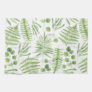 Watercolor Ferns and Eucalyptus Pattern Kitchen Towel