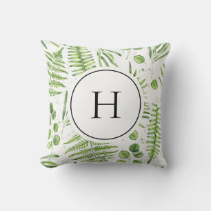 Watercolor Ferns and Eucalyptus Pattern Monogram Throw Pillow