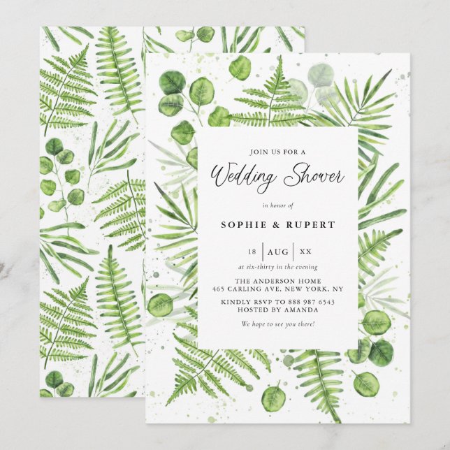 Watercolor Ferns & Eucalyptus Frame Wedding Shower Invitation (Front/Back)