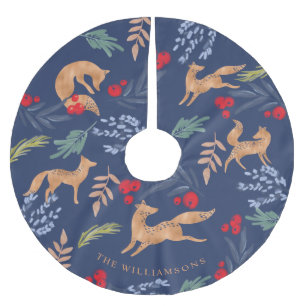 Watercolor Festive Christmas Foliage & Fox Pattern Brushed Polyester Tree Skirt
