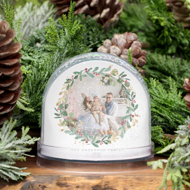 Watercolor Festive Christmas Wreath Family Photo Snowglobe (Winter)