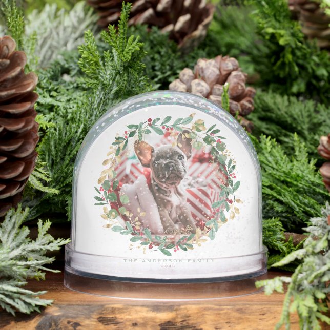 Watercolor Festive Christmas Wreath Pet Photo Snowglobe (Winter)