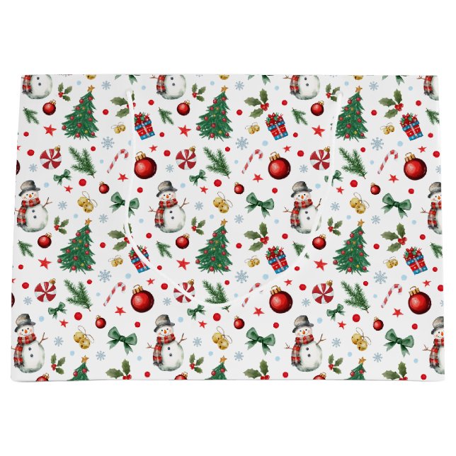 Watercolor Festive& Colourful Christmas Pattern  Large Gift Bag (Front)