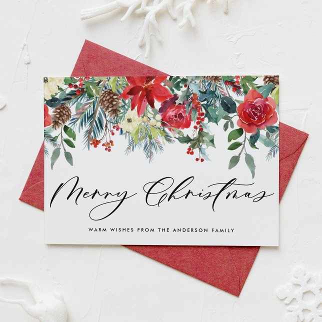 Watercolor Festive Floral Garland Merry Christmas Holiday Card (Creator Uploaded)