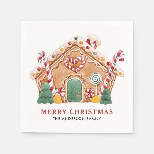 Watercolor Festive Gingerbread House Christmas Napkin (Front)