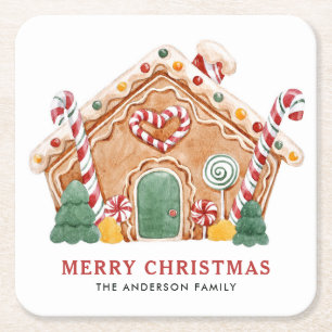 Watercolor Festive Gingerbread House Christmas Square Paper Coaster
