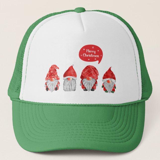 Watercolor Festive Gnomes: Merry Christmas Trucker Hat (Front)