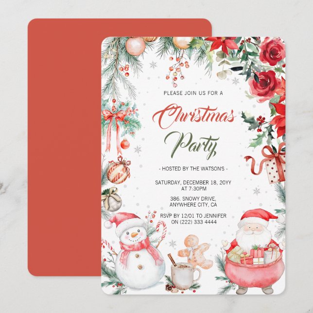 Watercolor Festive Modern Christmas Party Invitation (Front/Back)