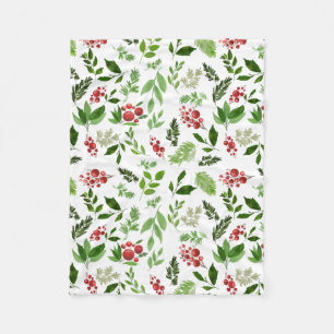 Watercolor Festive Red Berry Holly Leaves Pattern Fleece Blanket