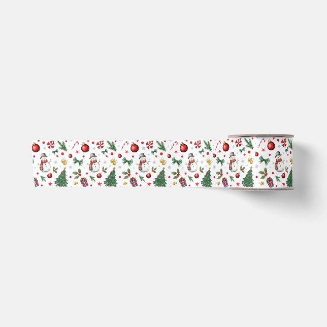 Watercolor Festive Xmas Icons Colourful Christmas Satin Ribbon (Front)