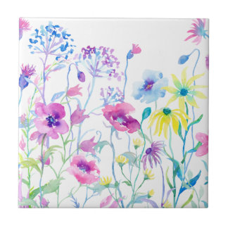 Watercolor Field of Pastel, Wildflower Meadow Tile