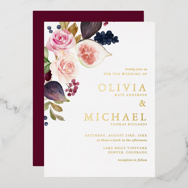 Watercolor Figs and Autumn Blooms Floral Wedding (Front/Back)