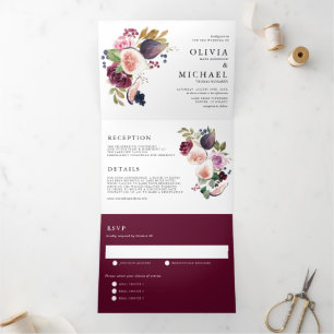 Watercolor Figs and Autumn Flowers Wedding Tri-Fold Invitation