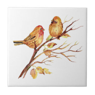 Watercolor Finch Birds in Tree Branch Tile