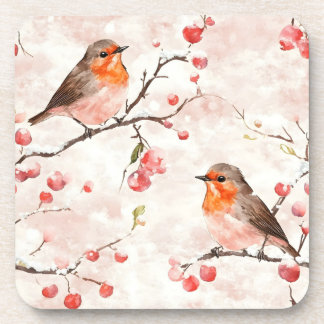 Watercolor Finch in a Snowy Winter Tree & Berries Coaster
