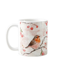 Watercolor Finch in a Snowy Winter Tree & Berries