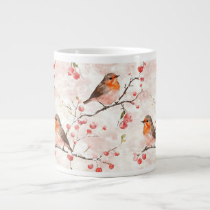 Watercolor Finch in a Snowy Winter Tree & Berries Large Coffee Mug