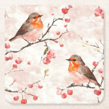 Watercolor Finch in a Snowy Winter Tree & Berries