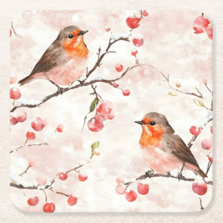Watercolor Finch in a Snowy Winter Tree & Berries Square Paper Coaster