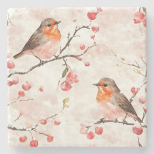 Watercolor Finch in a Snowy Winter Tree & Berries Stone Coaster