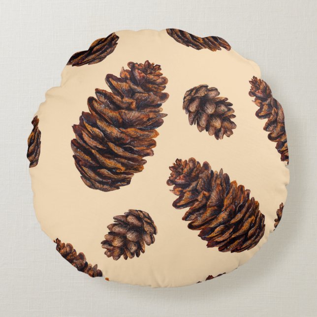 Watercolor fir cone seamless pattern, watercolour  round pillow (Front)