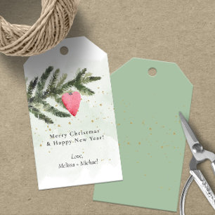 Watercolor Fir Tree & Red Heart Ornament Gift Tags