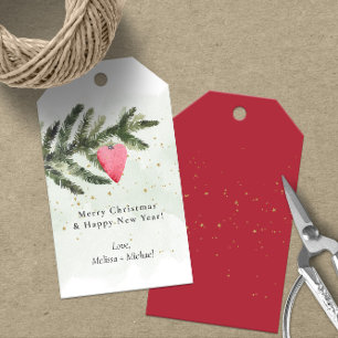 Watercolor Fir Tree & Red Heart Ornament Gift Tags