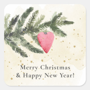 Watercolor Fir Tree + Red Heart Ornament  Square S Sticker