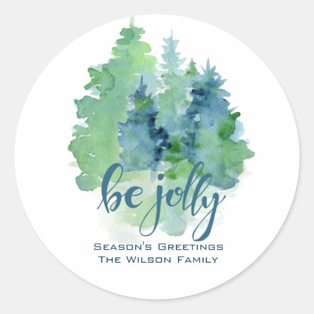 Watercolor Fir Tree Seasons Greetings Custom  Classic Round Sticker (Front)