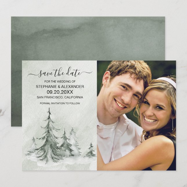 Watercolor Fir Trees Winter Wedding Save The Date (Front/Back)