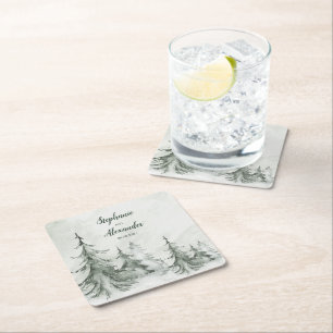 Watercolor Fir Trees Winter Wedding Square Paper Coaster