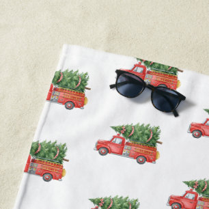 Watercolor Firefighter Christmas Fire Truck Beach Towel